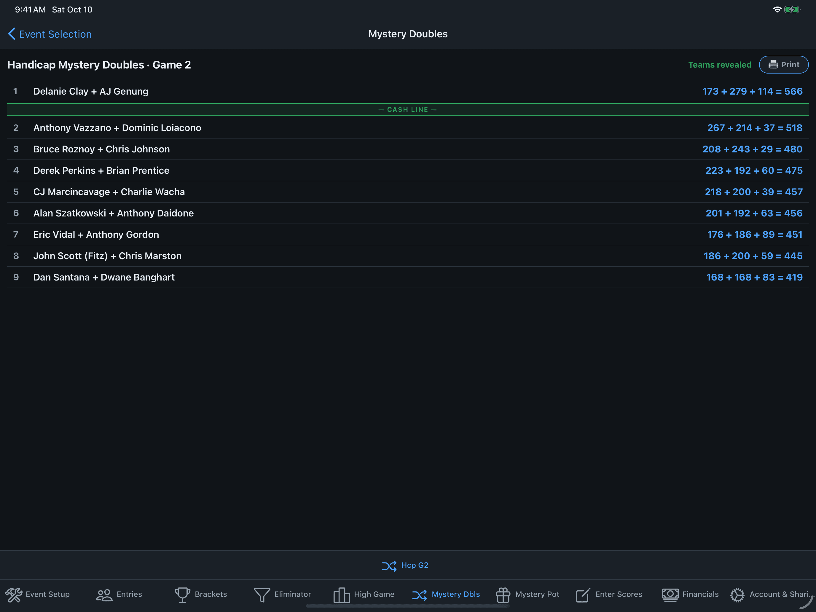 Mystery doubles teams and standings
