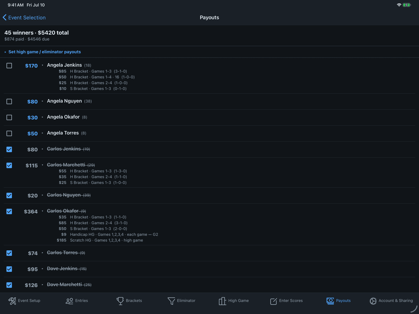 Payouts table with paid checkboxes