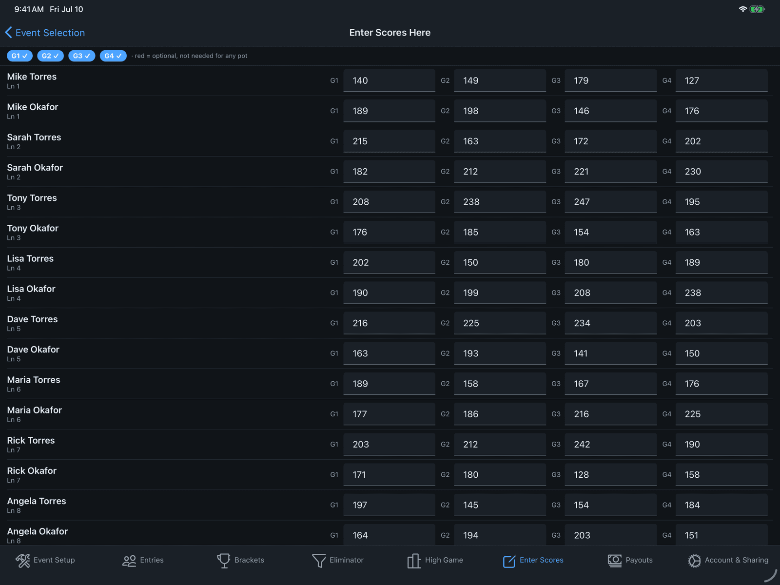 Score entry grid with per-game locks